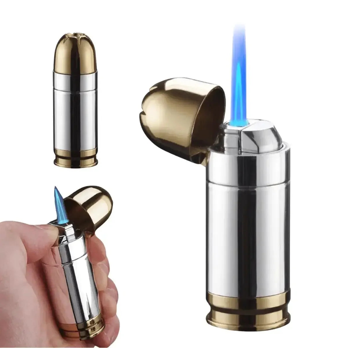 Bullet-Shaped Torch Lighter, 3-Inch, Blue Flame, Butane Refillable with Bottle Opener, Silver and Gold